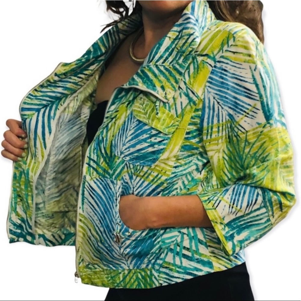 Ruby Rd. Women’s Lightweight Tropical Palm Print 3/4 Sleeve Linen Zip Up Jacket